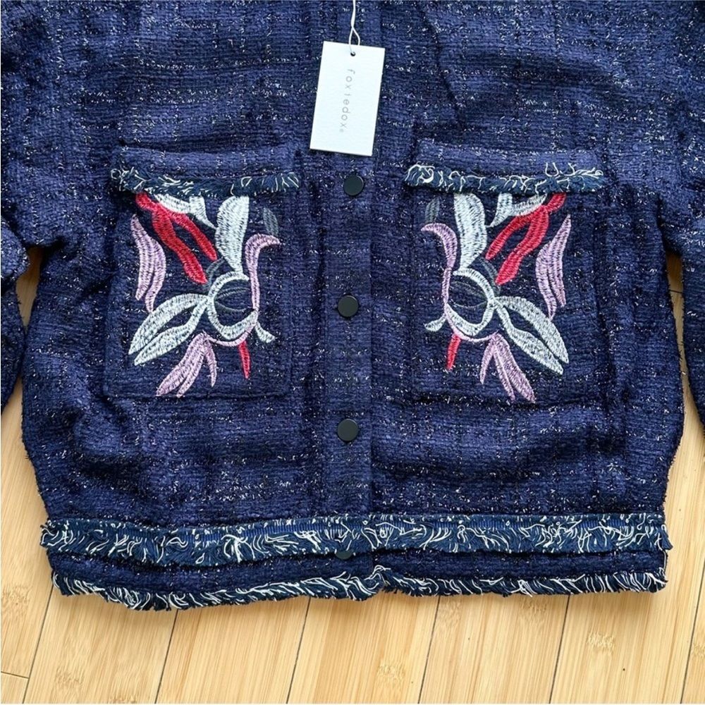NWT Foxiedox Embroidered Takeo Tweed Frayed Boho Blue Jacket Anthropologie - Picture 3 of 8